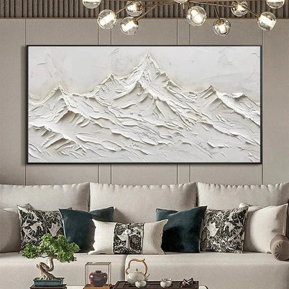 White Mountains hand-painted white and soft beige textured abstract mountain painting shown as stretched canvas