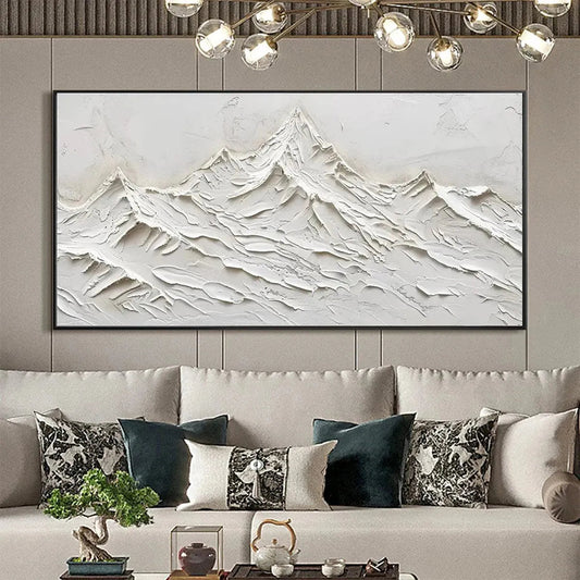 White Mountains hand-painted white and soft beige textured abstract mountain painting shown as stretched canvas