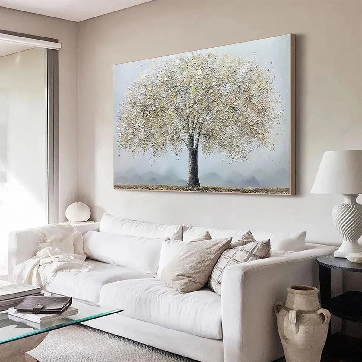 Golden Tree hand-painted soft grey and gold textured tree painting shown with white frame