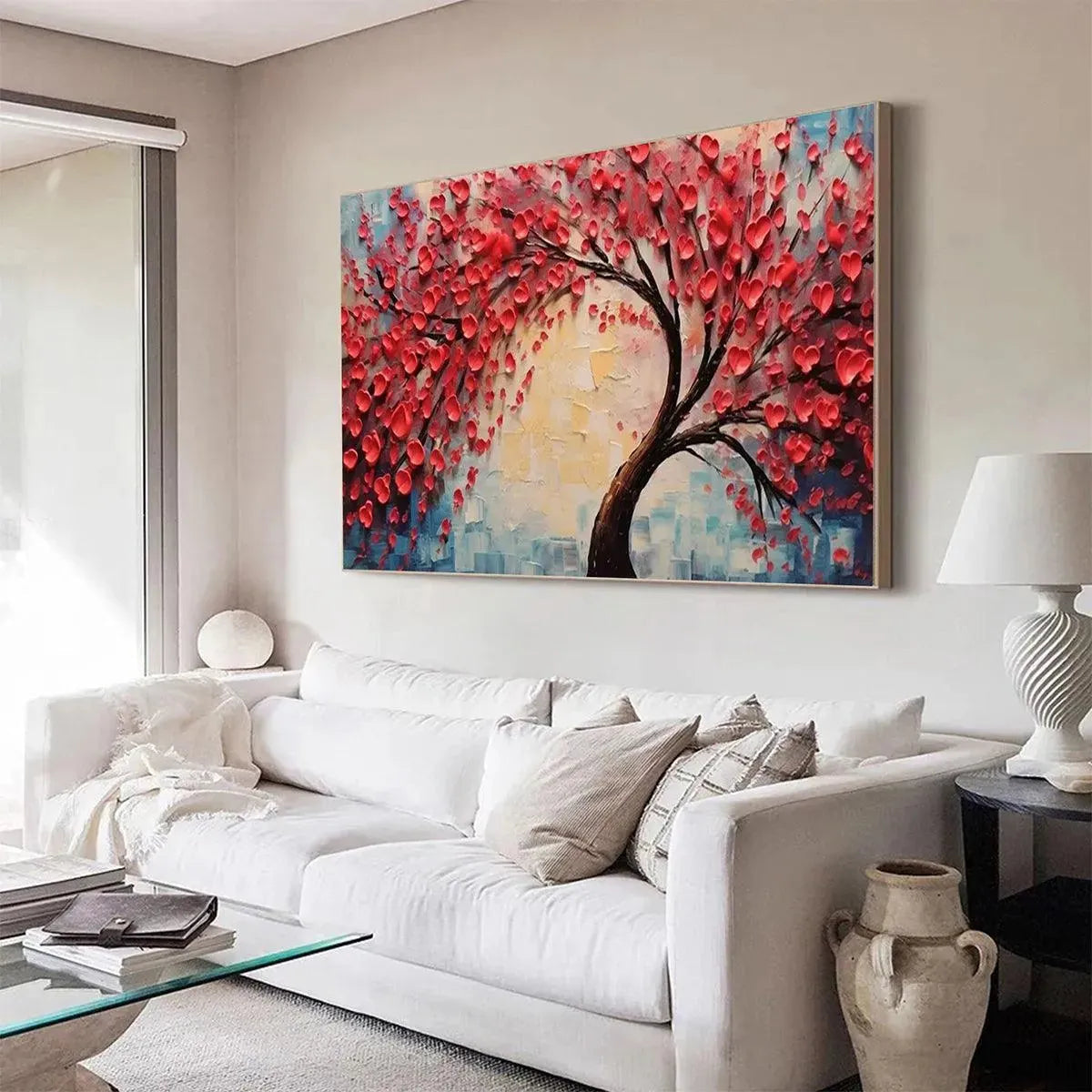 Heart Tree hand-painted red and ivory textured tree painting shown with wood frame