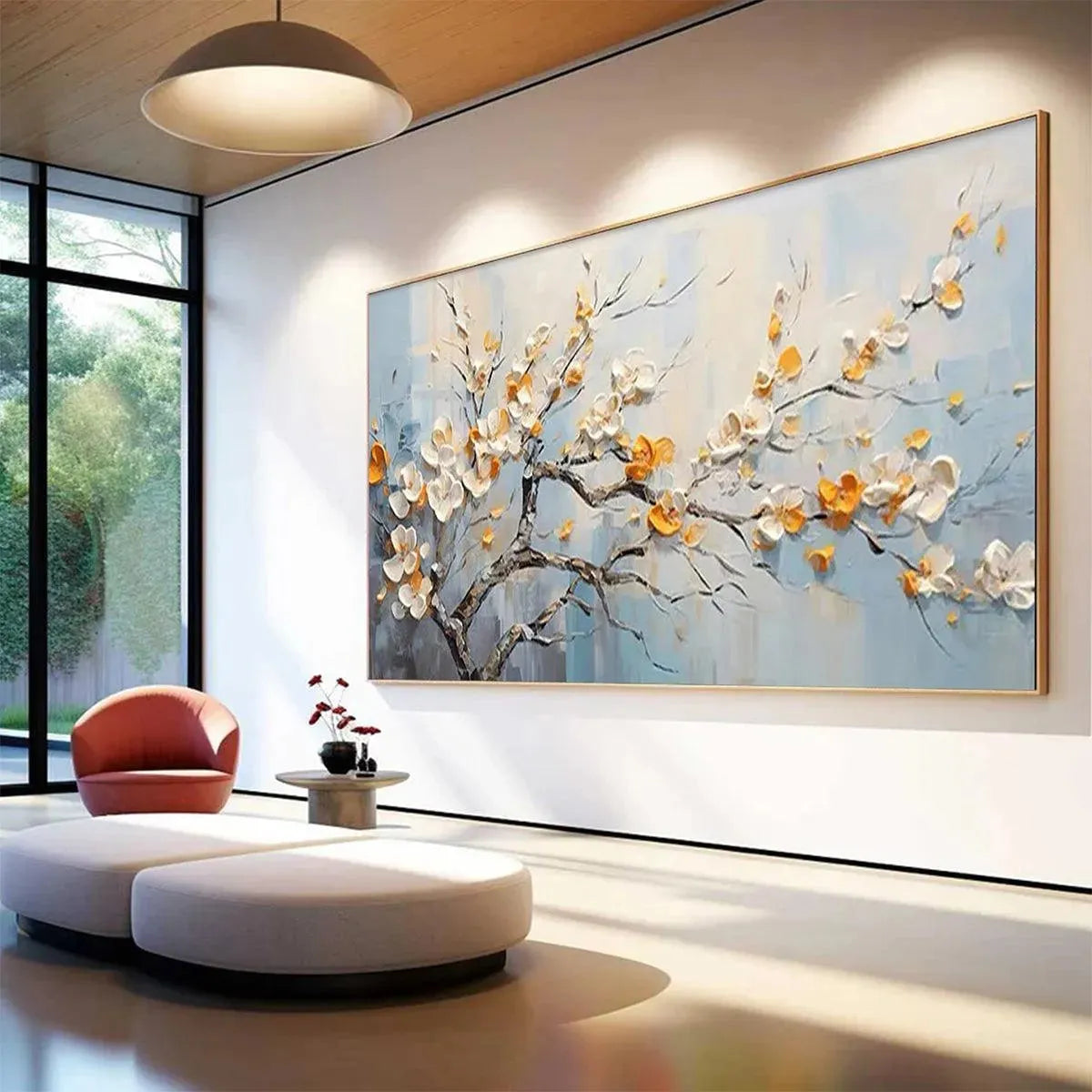 Gold and White Floral Textured Painting – Spring Blossoms
