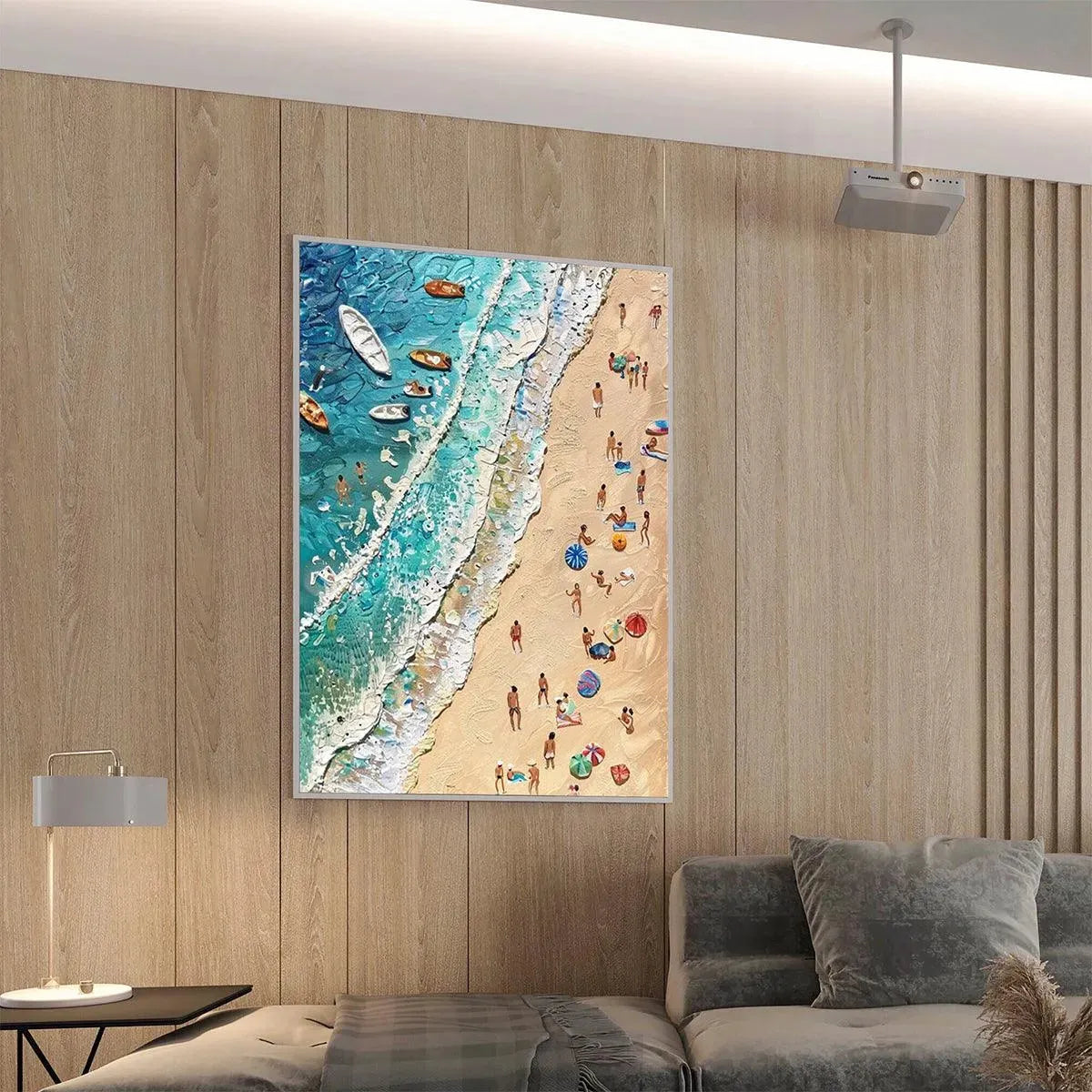 Sun-Kissed Shores hand-painted ocean blue, ivory and soft neutral tones textured beach scene painting shown with white frame