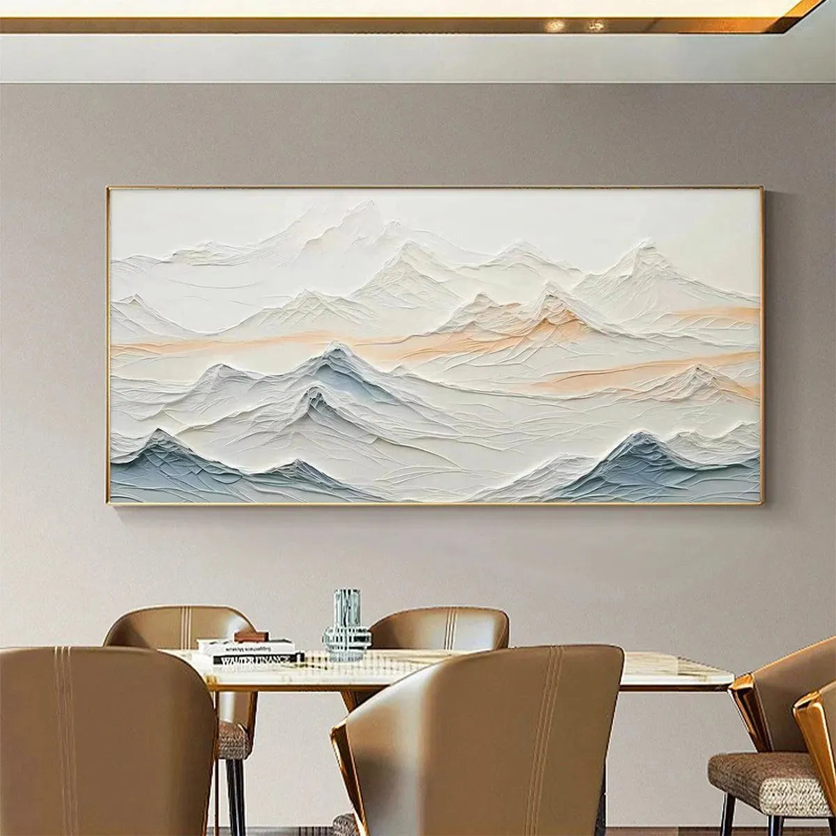Tranquil Peaks hand-painted beige, ocean blue and orange textured abstract mountain painting shown with wood frame