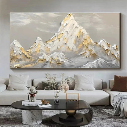 Golden Peaks hand-painted soft grey and gold textured mountain landscape painting shown with white frame