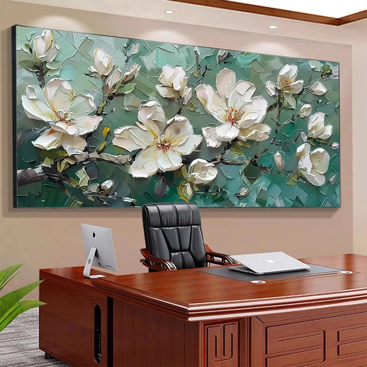 Teal and White Magnolia Impasto Painting – Jade Magnolias