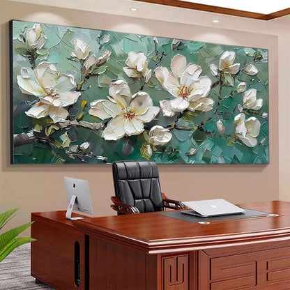 Teal and White Magnolia Impasto Painting – Jade Magnolias