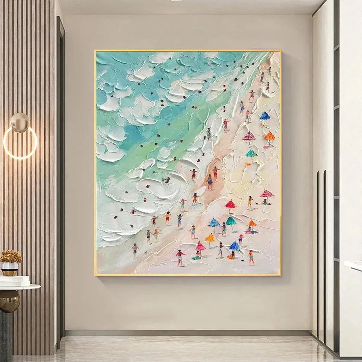 Beach Day hand-painted ocean blue, ivory and soft neutral tones textured beach scene painting rolled canvas option