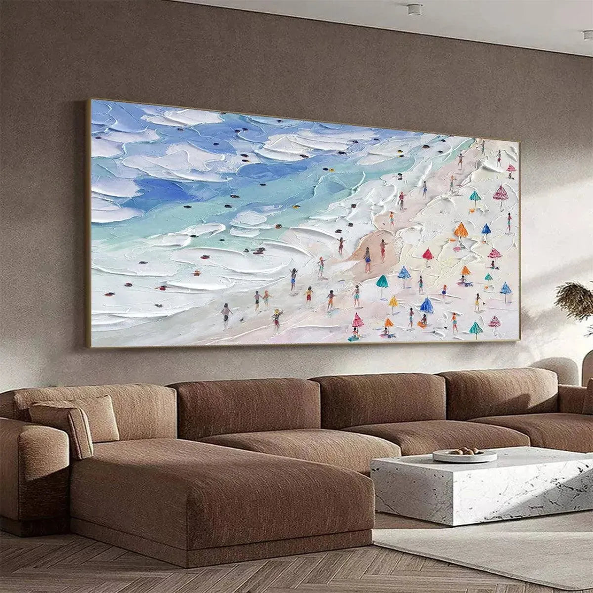 Beach Day Vibes hand-painted ocean blue, ivory and soft neutral tones textured beach scene painting shown with black frame