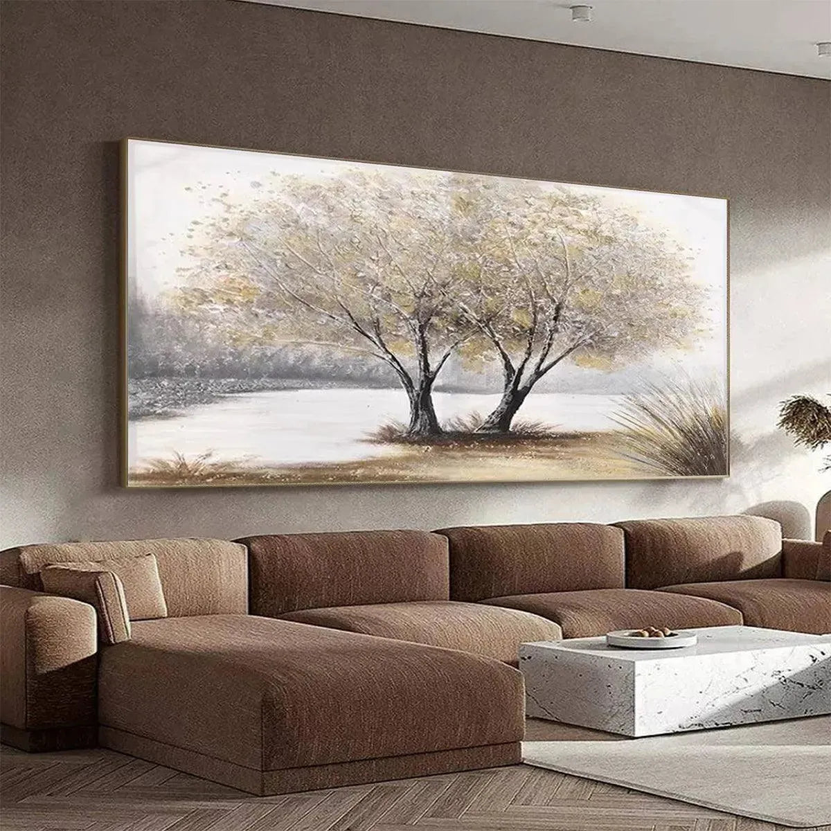 Twilight Trees hand-painted forest green, soft grey and warm earth tones textured forest landscape painting shown with wood frame