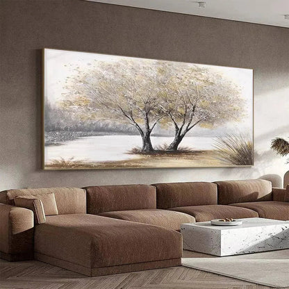 Twilight Trees hand-painted forest green, soft grey and warm earth tones textured forest landscape painting shown with wood frame