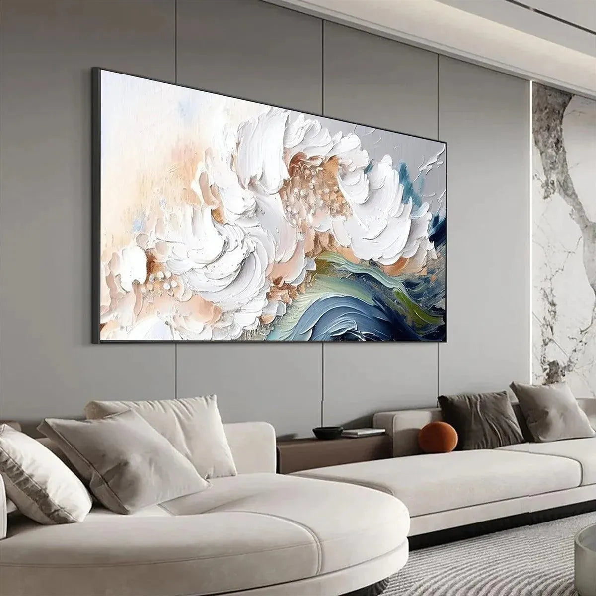 Ocean Whispers hand-painted cream, white and ocean blue textured ocean wave painting rolled canvas option