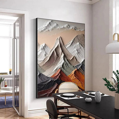 Majestic Peaks hand-painted slate blue, ivory and soft grey textured mountain landscape painting shown with white frame