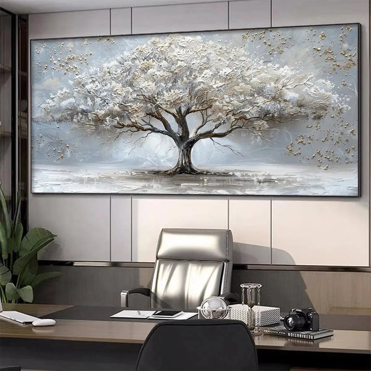 Silver Lining hand-painted white, soft grey and gold textured tree painting shown with wood frame
