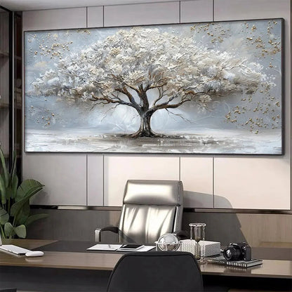 Silver Lining hand-painted white, soft grey and gold textured tree painting shown with wood frame