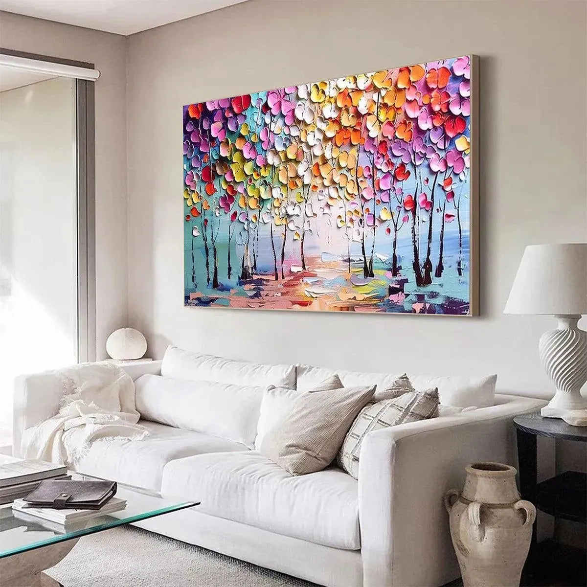 Enchanted Forest hand-painted crimson, golden yellow, turquoise and violet textured forest landscape painting shown with black frame