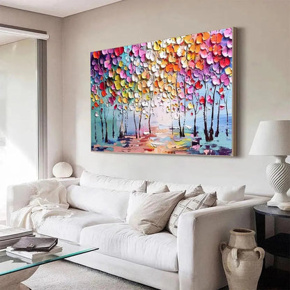 Enchanted Forest hand-painted crimson, golden yellow, turquoise and violet textured forest landscape painting shown with black frame