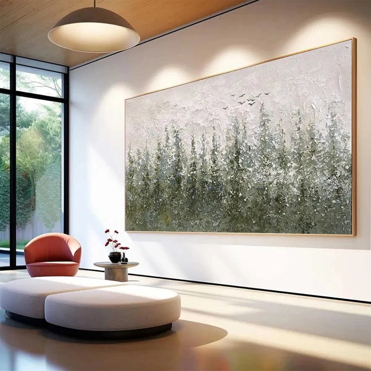 Misty Forest hand-painted forest green, soft grey and warm earth tones textured forest landscape painting rolled canvas option