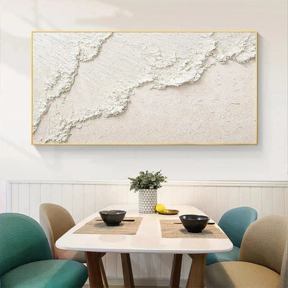 White Crest hand-painted white and soft beige textured ocean wave painting shown with wood frame
