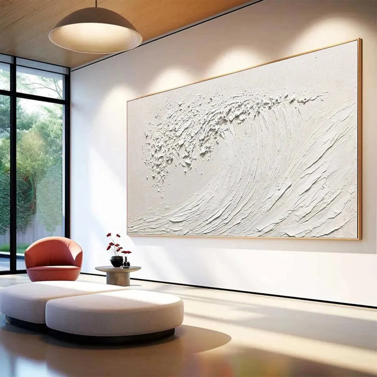 White Wave hand-painted white and soft beige textured ocean wave painting rolled canvas option
