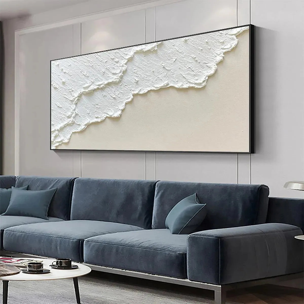 White Wave hand-painted white and beige textured ocean wave painting shown with white frame