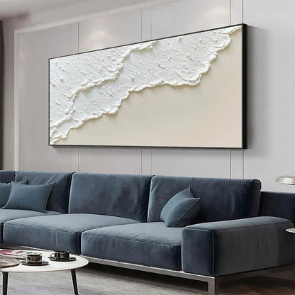 White Wave hand-painted white and beige textured ocean wave painting shown with white frame