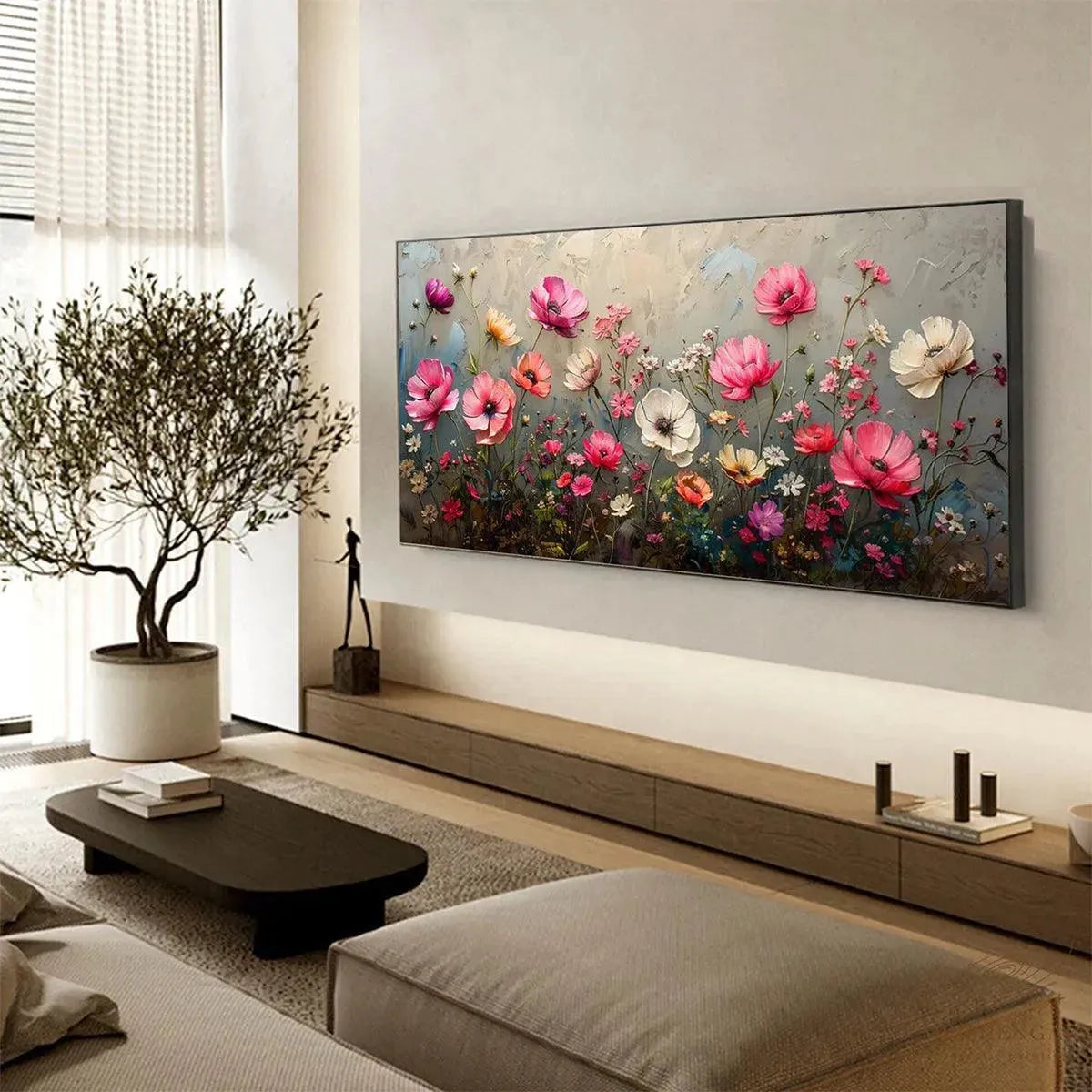 Pink and Grey Floral Impasto Painting – Summer Bloom