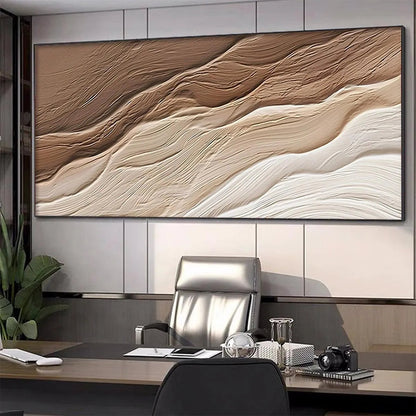 Desert Flow hand-painted beige and earth brown textured coastal landscape painting shown with white frame