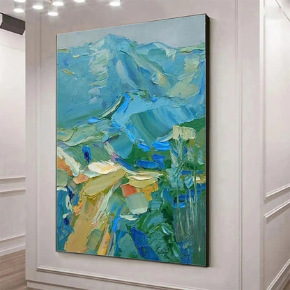 Blue Ridge Mountains hand-painted ocean blue and ivory textured mountain landscape painting shown with white frame