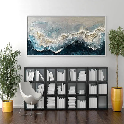 Frozen Motion hand-painted white and teal textured coastal abstract painting shown with wood frame