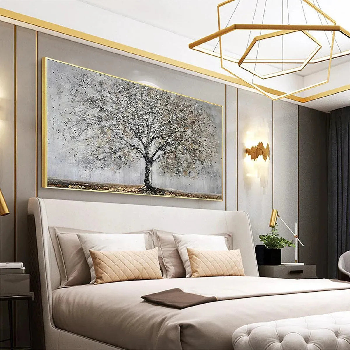 Silver Birch hand-painted soft grey and gold textured forest landscape painting shown with black frame