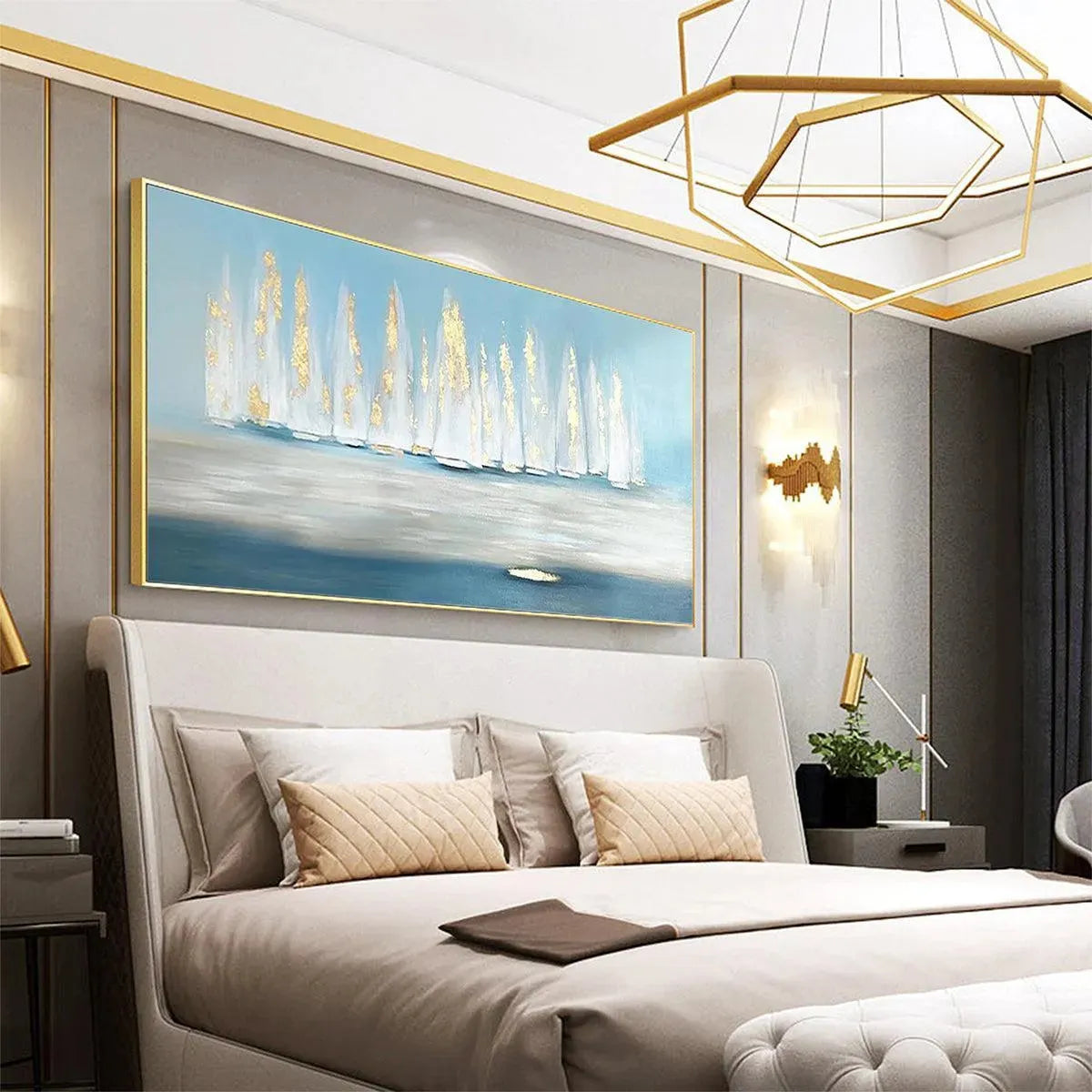 Golden Sails hand-painted gold and ivory textured sailboat seascape painting shown with black frame