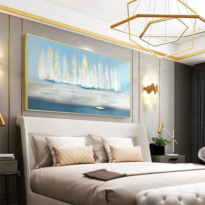 Golden Sails hand-painted gold and ivory textured sailboat seascape painting shown with black frame