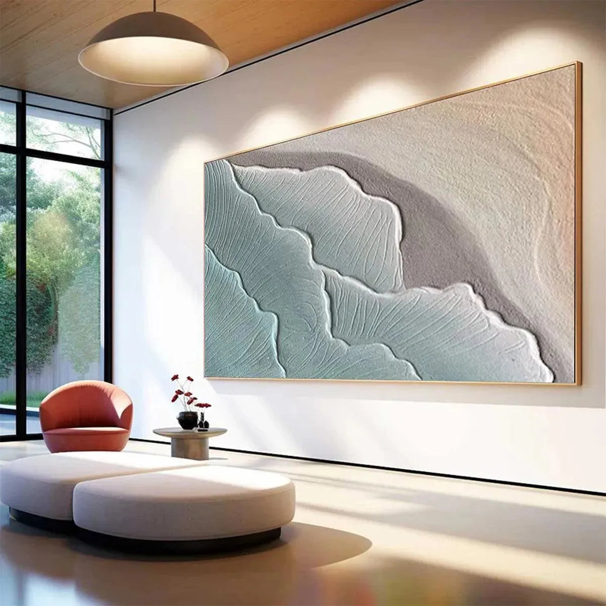 Emerald Waves hand-painted teal and emerald green textured coastal abstract painting shown with white frame
