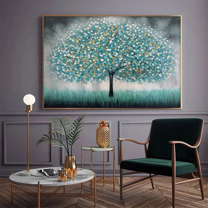 Teal Dream hand-painted soft grey and teal textured tree painting rolled canvas option