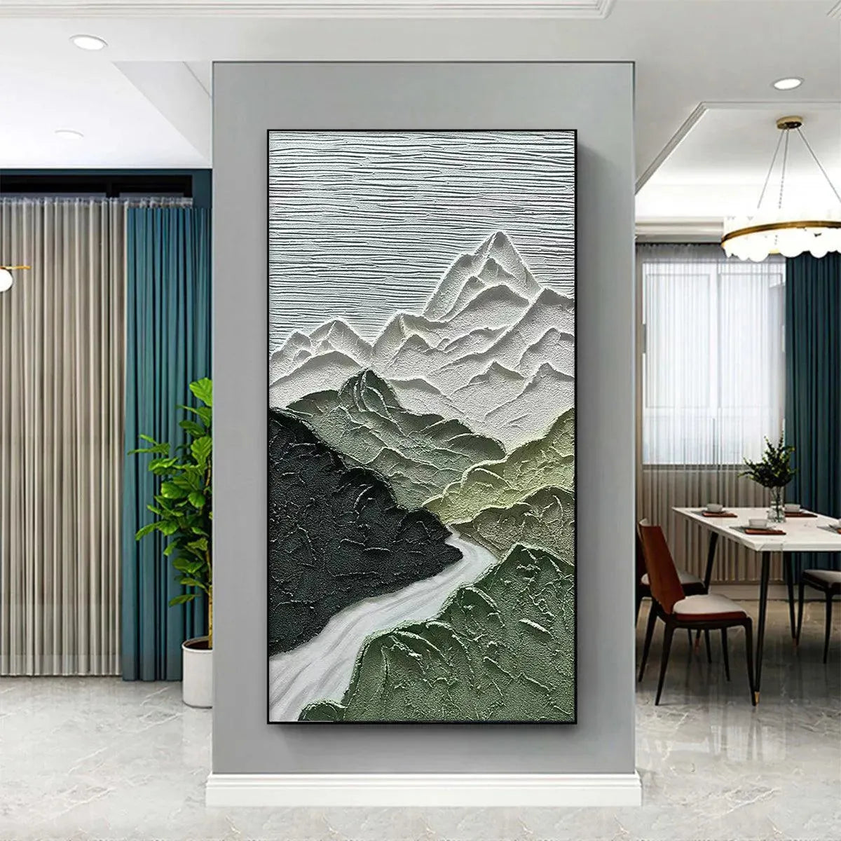 Jade Peak hand-painted white and green textured mountain river landscape painting shown as stretched canvas