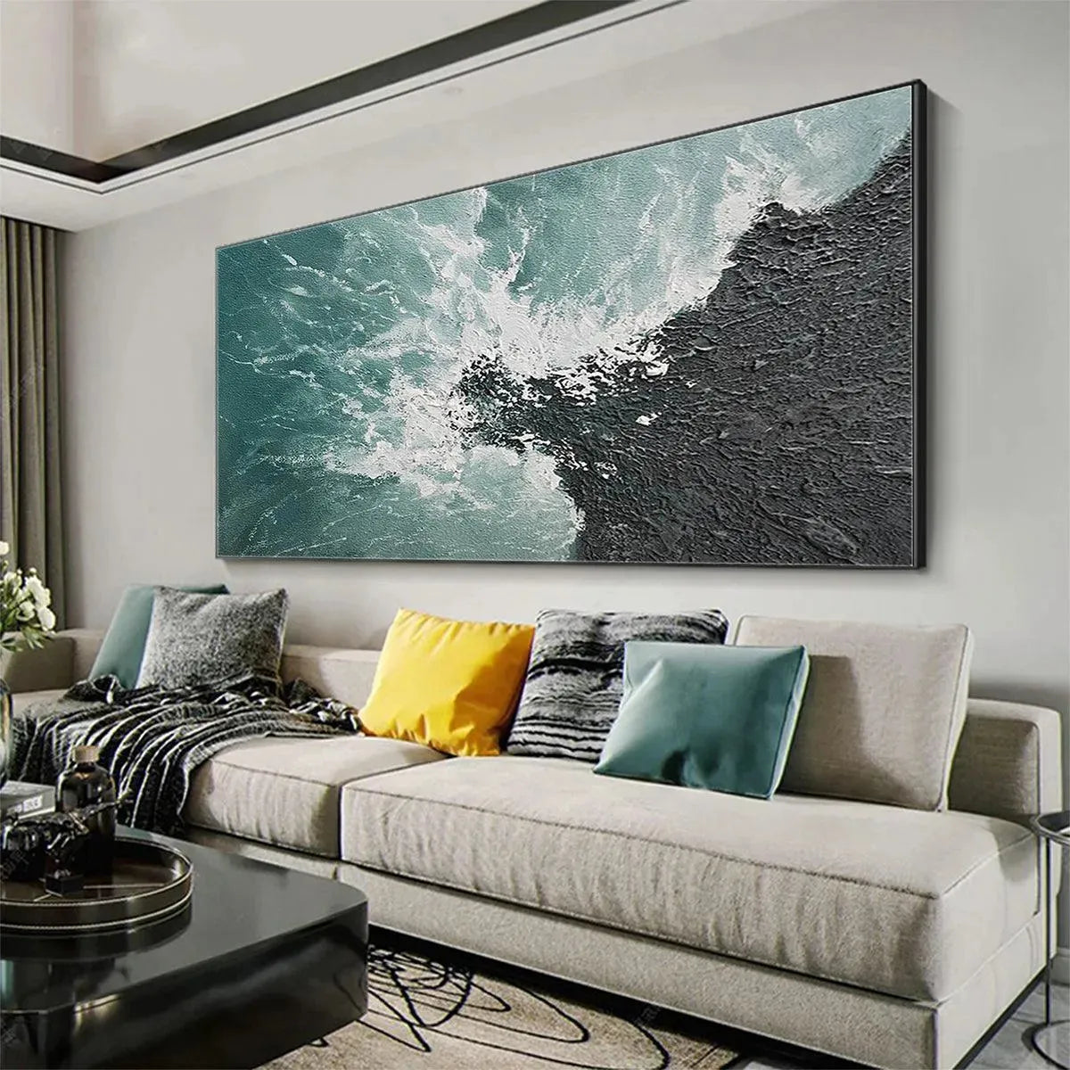 Turquoise Crash hand-painted black, turquoise and teal textured coastal abstract painting shown with white frame