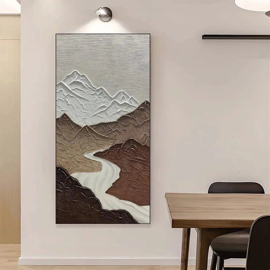 Earth River hand-painted white and earth brown textured mountain river landscape painting shown as stretched canvas