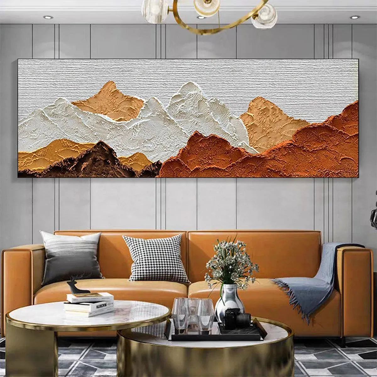 Mountain Peaks hand-painted white and earth brown textured mountain landscape painting shown as stretched canvas