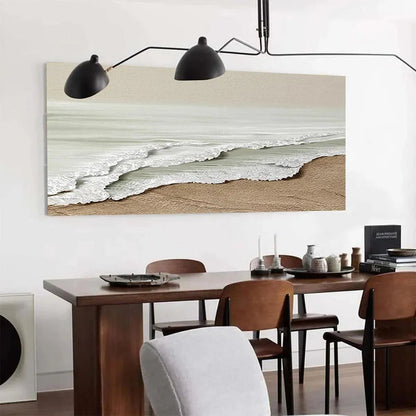 Serene Shore hand-painted beige and ivory textured coastal landscape painting shown as stretched canvas