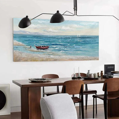Red Boat At The Shore hand-painted red and ivory textured coastal landscape painting shown with wood frame
