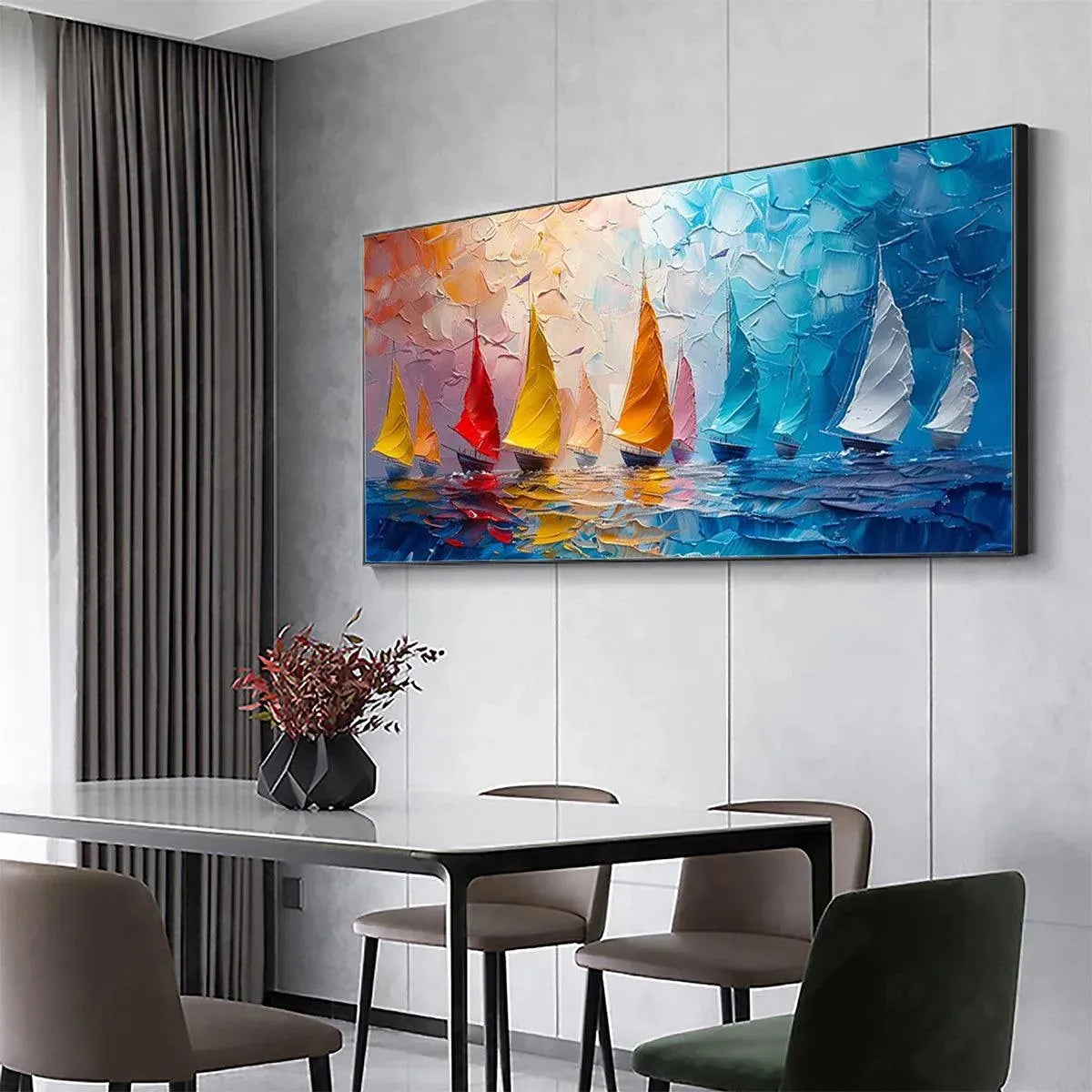 Regatta hand-painted ocean blue, ivory and soft neutral tones textured sailboat seascape painting rolled canvas option