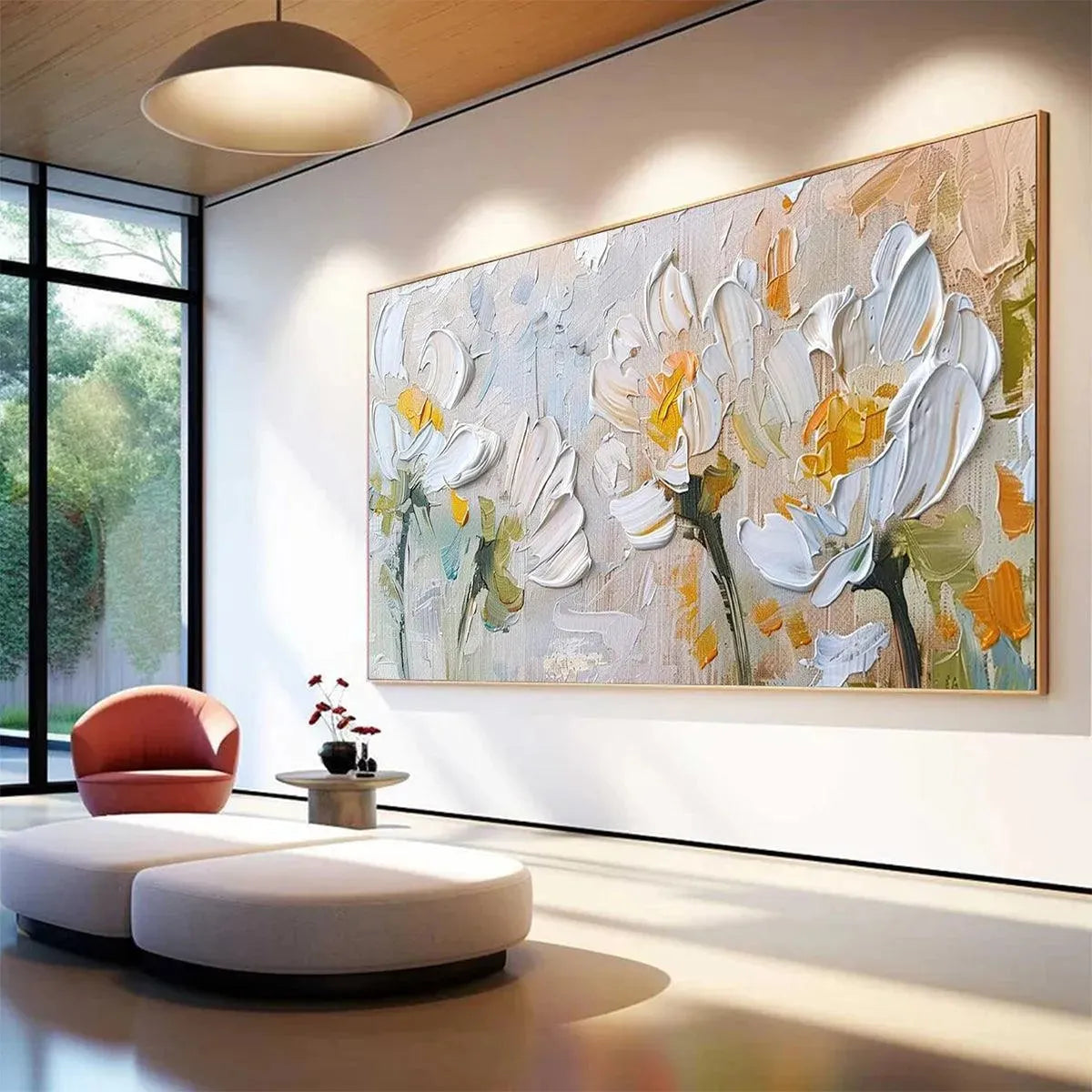 White and Beige Floral Impasto Painting – White Blossoms