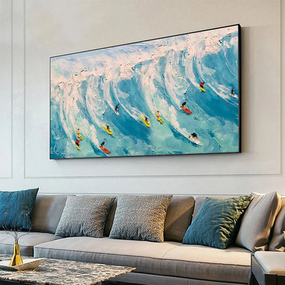 Wave Riders hand-painted white and ocean blue textured surfer ocean painting shown with wood frame