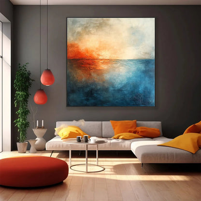 Fiery Embrace hand-painted beige and ivory textured sunset seascape painting shown with black frame