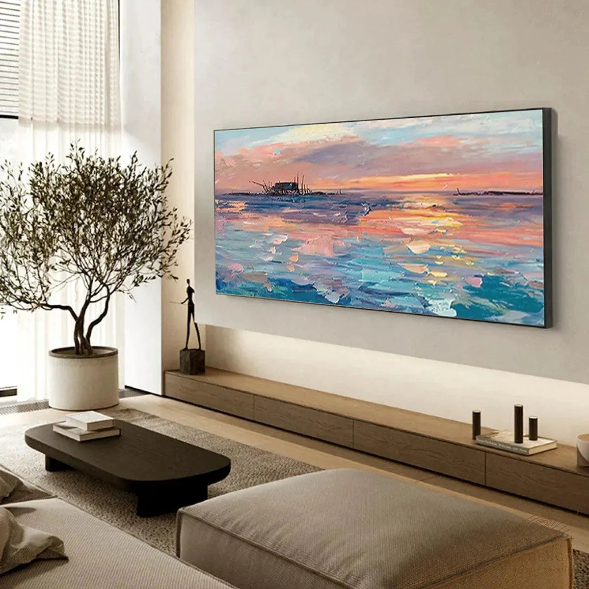 Dusk Reflections hand-painted ocean blue, ivory and soft neutral tones textured sunset seascape painting shown with black frame