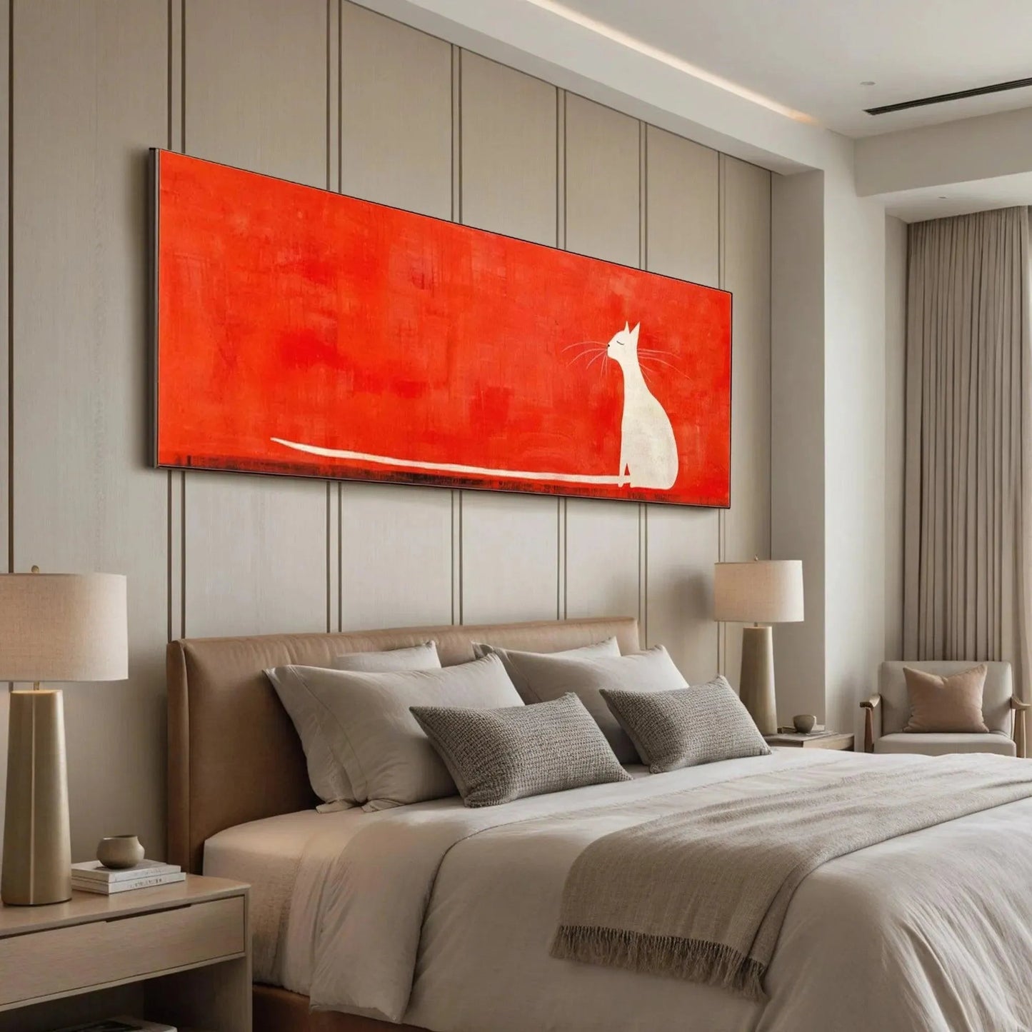Green and Red Minimalist Cat Oil Painting – Minimalist Cat On Red Panoramic