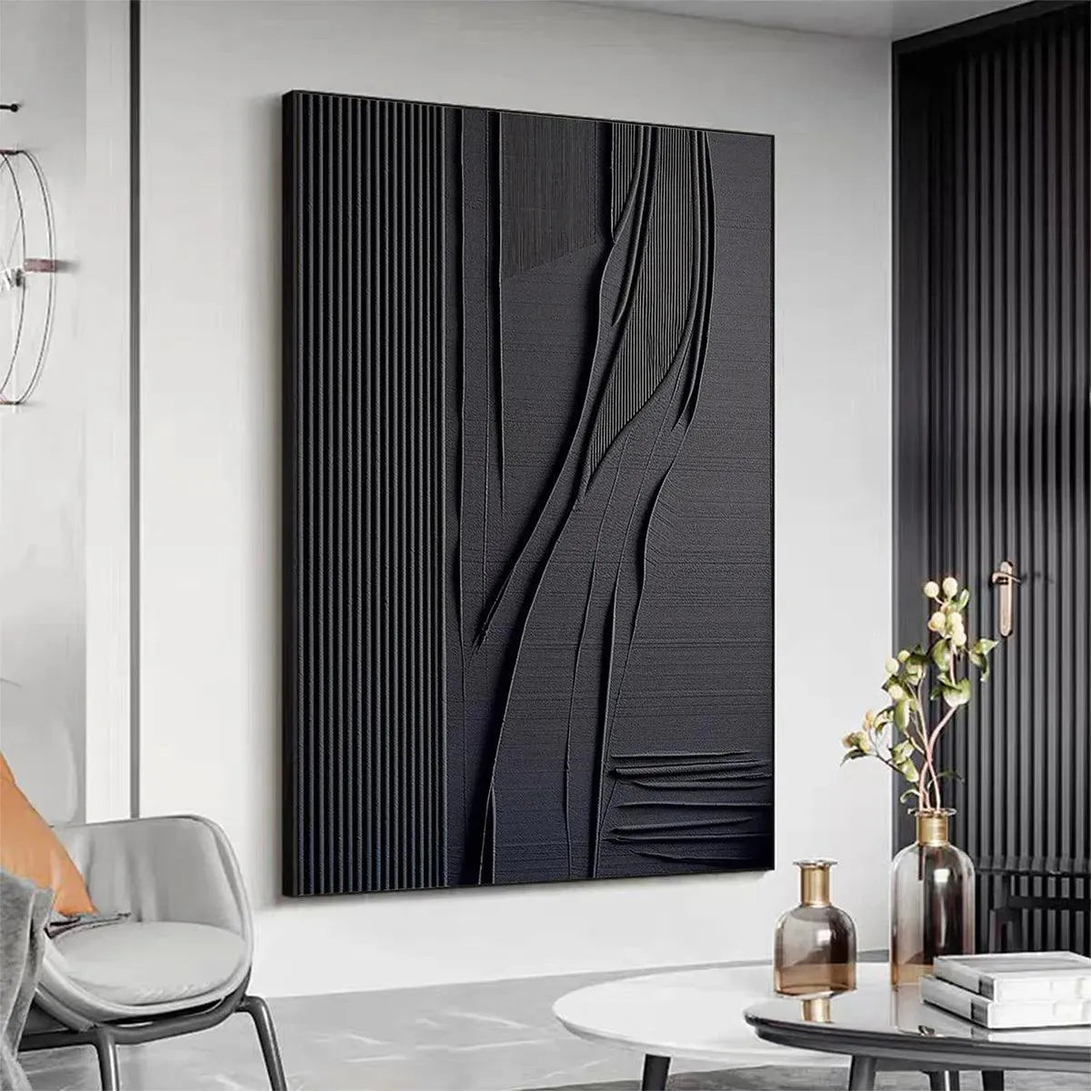 Black Textured Lines And Curves – Wabi-Sabi Abstract Oil Painting, view 3