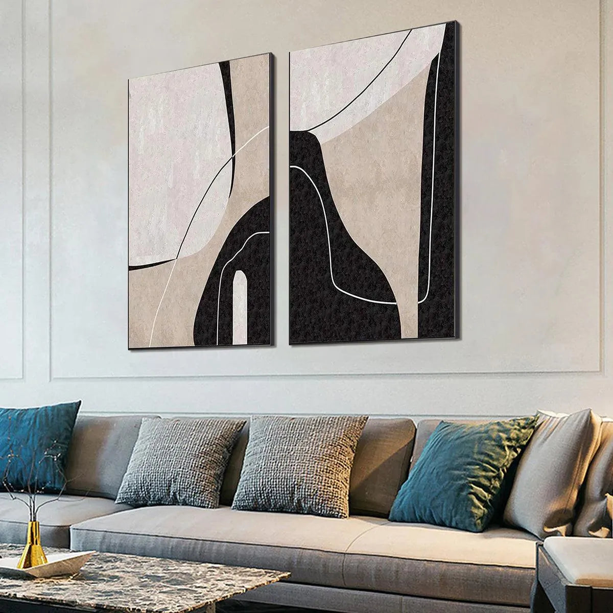 Black and White Wabi-Sabi Geometric Oil Painting – Abstract Minimalist Diptych