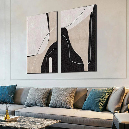Black and White Wabi-Sabi Geometric Oil Painting – Abstract Minimalist Diptych