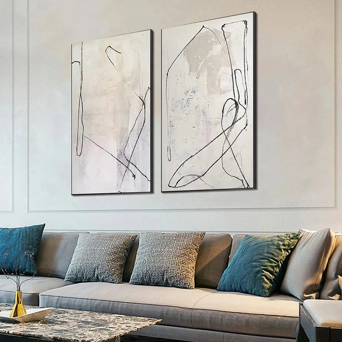 Beige Wabi-Sabi Abstract Line Art Oil Painting – Minimalist Abstract Diptych